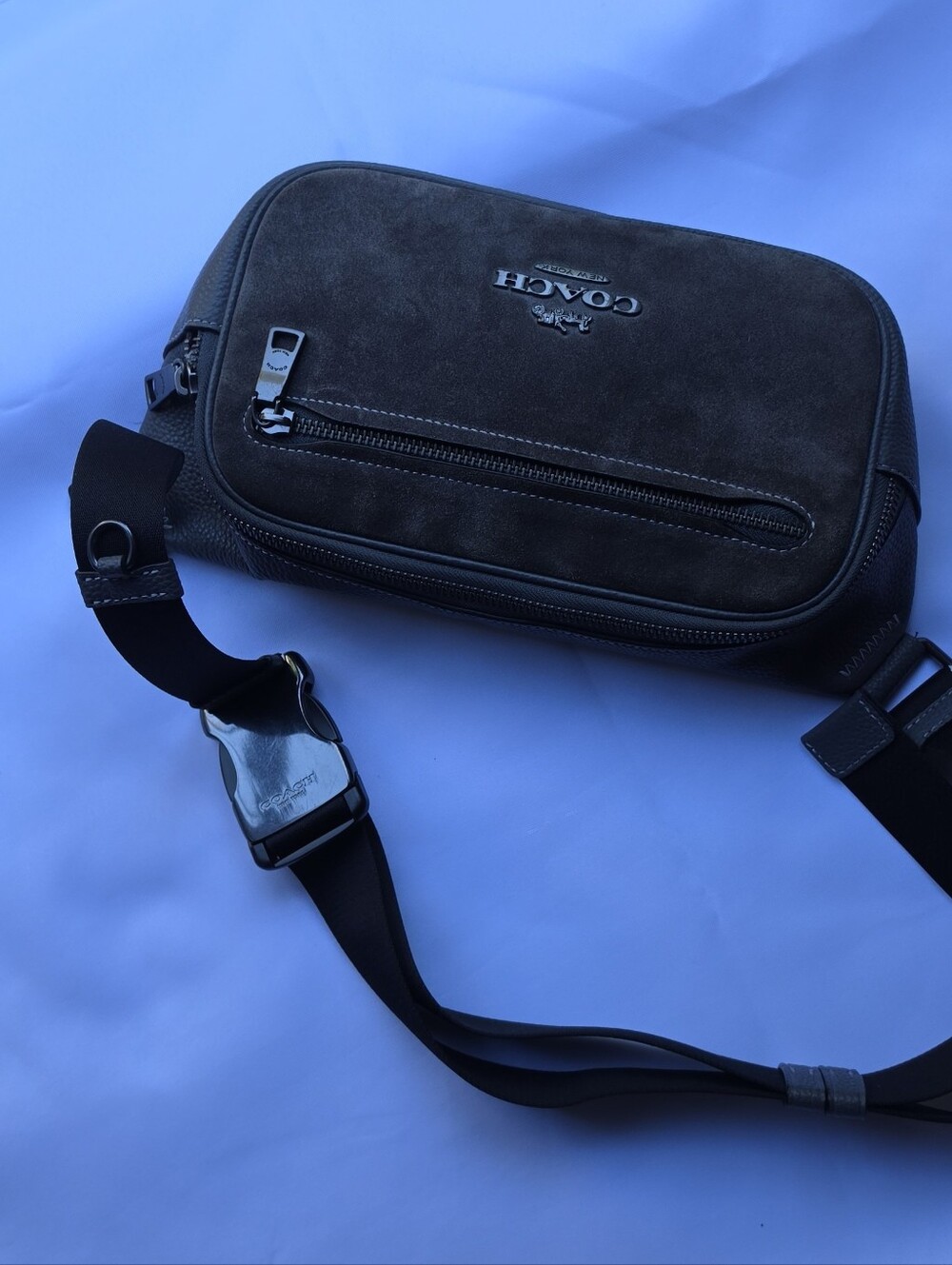 Coach Elias Belt Bag CP084 Industrial Grey Suede Leather Sling Crossbody Pack